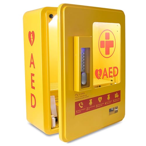 Image of AED Cabinet Wall Mount, Steel Defibrillator Storage Case with Clear Window, Intelligent Password Lock, Audible Alarm, Strobe Light, Easy to Extract