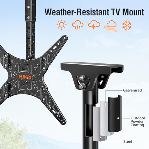 Image of ELIVED Outdoor Ceiling TV Mount for Most 26-65 Inch TVs, Weatherproof TV Hanging Bracket Anti-Rust for Patio, Height Adjustable Ceiling Mount 360 Swivel and Tilt, Max VESA 400x400mm Up to 99 lbs.