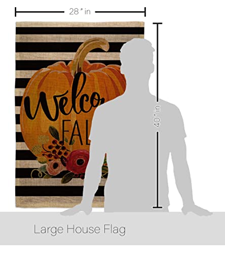 Welcome Pumpkin Patch Burlap House Flag - Set Fall Harvest & Autumn Scarecrow Pumkins Sunflower Leaves Season Autumntime Gathering - Banner Small Garden Yard Gift Double-Sided Made In USA 28 X 40