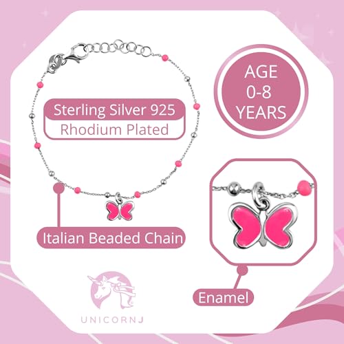 Image of UNICORNJ Sterling Silver Kids Bracelet for Girls Heart Butterfly Charm Enamel Hand Painted | Made in Italy | Bead Chain 6.25 inch