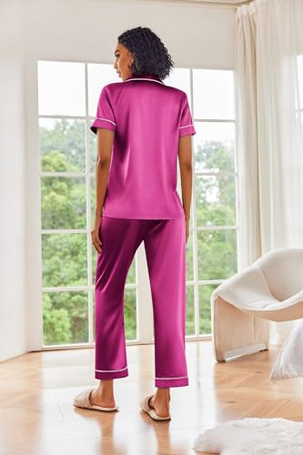 Image of Ekouaer 2 Piece Satin Short Sleeve Pajamas Set Button Down Sleepwear | Soft Pjs Set Classic Loungewear for Wedding, Party, Home, Daily Wear, Date Nights
