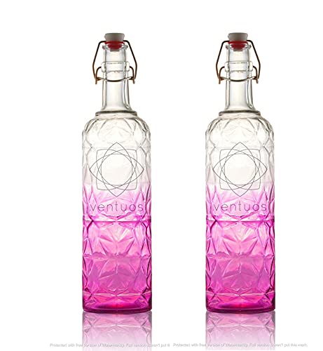 HIRVALL Crystal Cut Design Glass Airtight Water Bottle, 1 Litre,1000 ml, with Airtight Flip Swing Cap for Milk, Water, Juice (Pink Set of 2 Bottle)