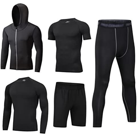 Baymate 5 Pcs Mens Running Gym Set, Fitness Workout Compression Underwear Set, Outwear+Base Layers Shirts+Loose Fitting Shorts+Compression Shirts+Compression Pants for Workout Training Running Cover