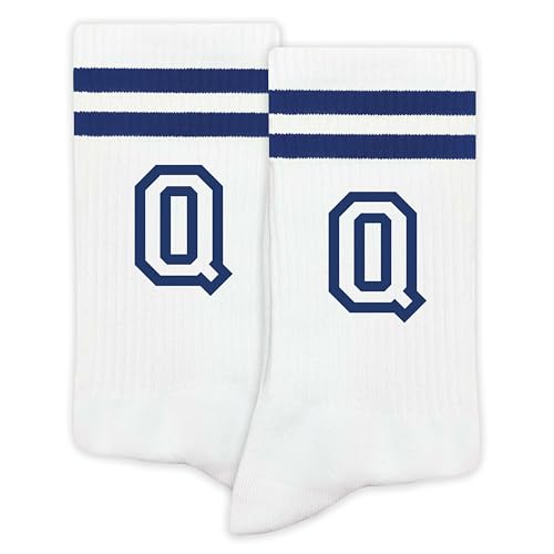 SSQBZU Striped Initial Socks with the Letter Q in Navy Blue Socks for Adult Teens Men&Women Gifts for Friends Family etc. Gifts for Birthday Back to School Graduation Christmas.(267)