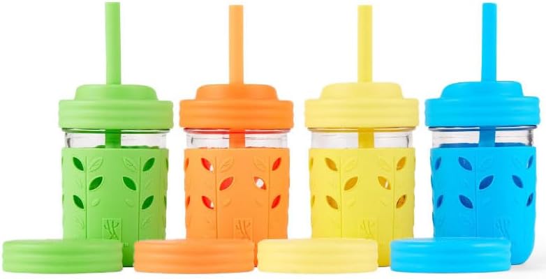 Elk and Friends Kids + Toddler Glass Cups | The Original 8oz Glass Mason Jar with Sleeves + Lids | Silicone Straws + Stopper | Smoothie Cup | Food Storage | Spill Resistant | Dishwasher Safe | 4 Pack