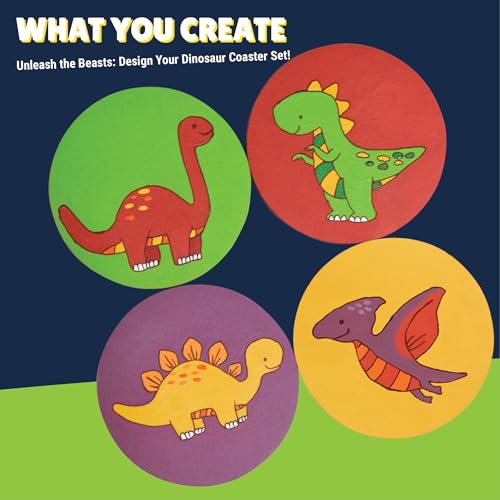Image of Asian Hobby Crafts DIY Coaster Painting Kit - 4 Pre-Marked Coasters, Paint & Brush Set | Dinosaur Theme Art and Craft Kit for Kids & Adults (4-12) | Painting & Coloring Kit for Birthday Return Gift