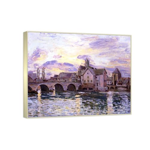 Impression sur toile d'Alfred Sisley, Bridge at Moret, cadre champagne silver de 50x60cm