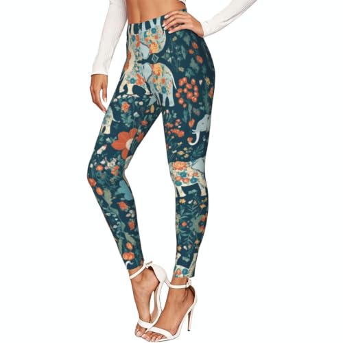 Leggings de compresión para mujer con estampado de prados y elefante floral de tacto suave