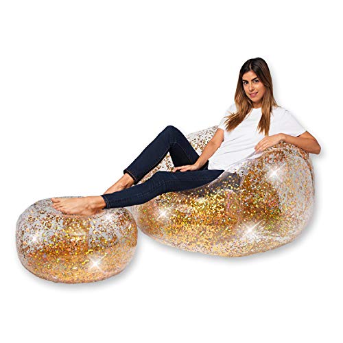 Glitter Ottoman - Gold Holographic Glitter - 23" Diameter Inflatable Footrest And Seat - Comfortable & Convenient Furniture For Home, Dorm, Parties & Events - 100% Waterproof & Holds 200Lbs #TOP3