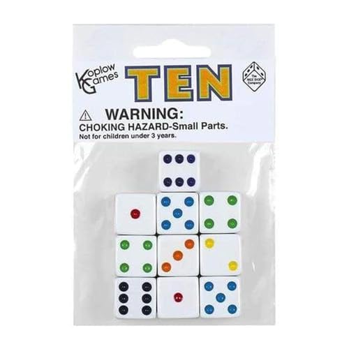 Koplow Games White with Multi Color pips 16mm (5/8in) D6 Dice (10)