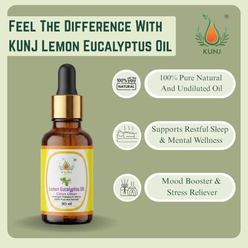 Image of KUNJ Lemon Eucalyptus Essential Oil 30ml - 100% Pure Steam Distilled Corymbia citriodora Oil for Aromatherapy, Diffuser, Spa, Home Fragrance, Fresh Citrus Aroma & DIY Beauty Blends