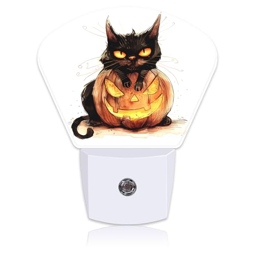 Image of Halloween Black Cat Night Light for Kids, Halloween Pumpkin LED Night Light Plug into Wall with Dusk to Dawn Sensor for Girls Boys Women Men Bedroom, Hallway, Kitchen, Bathroom, Stairs Decor