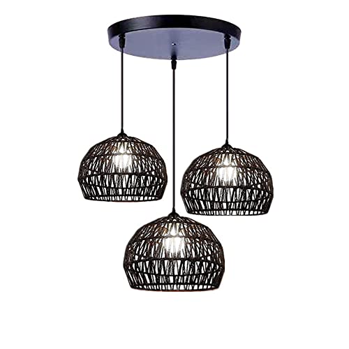 Lustre 3 lumières rotin noir pour illuminer vos repas en salle à manger