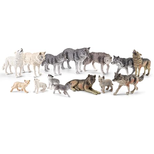 THINKBAY 14PCS Wolf Toy Animal Figurines, Realistic Plastic Zoo Safari