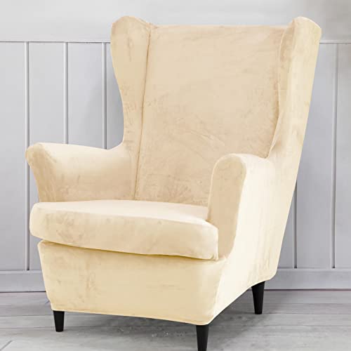 Wing Back Slipcover Velvet Chair Cover,Plush Chair Covers Armchair,Furniture Covers Protector for Living Room Bedroom Decoration (Velvet Beige)