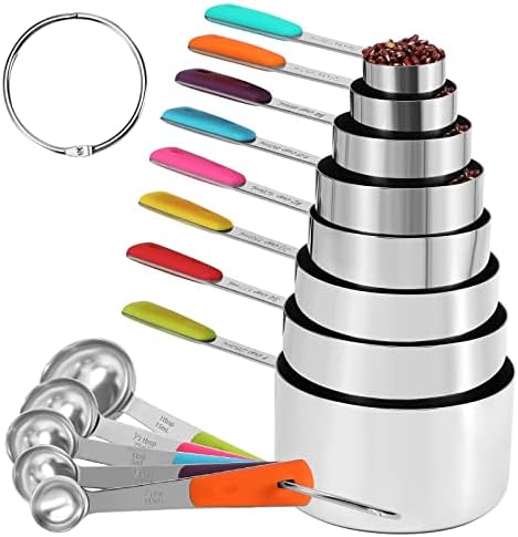 BOPEI 13Piece Measruing Cups and Spoons Set, Metal Stainless Steel Measure Cups and Spoon, Easy to Read for Measuring Dry Food in Kitchen and Baking (8Cups+5Spoons）