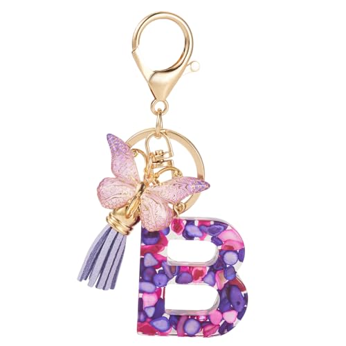 1 chaveiro com letra inicial para mulheres, borla borboleta, alfabeto, pingente, chaveiro para carteira, mochila, bolsas escolares, Letra B, 105mm