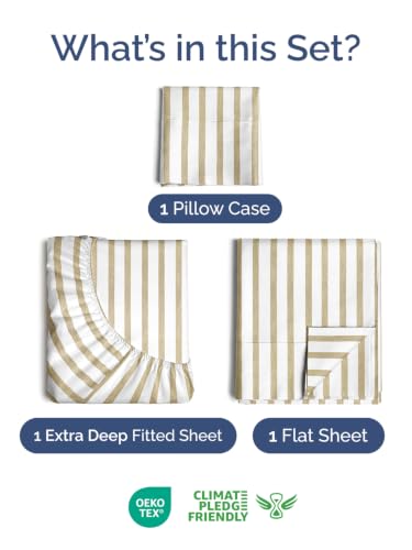 Image of Extra Deep Pocket Twin XL Sheet Set - Breathable & Cooling - Beige Stripes