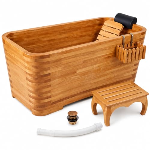 OGOLOUG Premium Oak Wood Japanese Style Soaking Tub – Adult Wooden Bath Tub with Headrest & Drainage (wooden color, 59'（1.5M）)