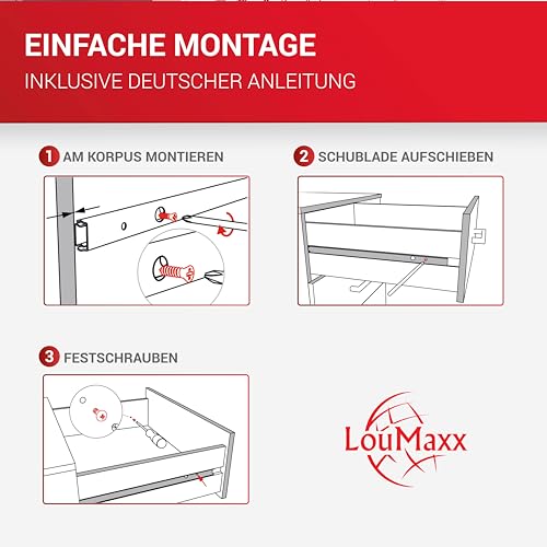 LouMaxx Kugelauszug 4er Set Schubladenschienen 27 mm Nut | 300 mm Schienen Schublade | Schubladen Schienensystem mit Teilauszug für 27mm Nut