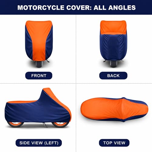 Image of 6X6 Heavy Duty Bike Cover for Jupiter 110, Dual Tone Orange & Blue, All-Weather Protection, Waterproof, UV Resistant, Dustproof, Windproof, Durable Outdoor Motorcycle Body Covers for Daily Use