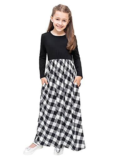 Kymidy Little Big Girls Maxi Dress Kids Buffalo Plaid Long Sleeve Dresses For Girls With Pockets, Black And White,12T #TOP1