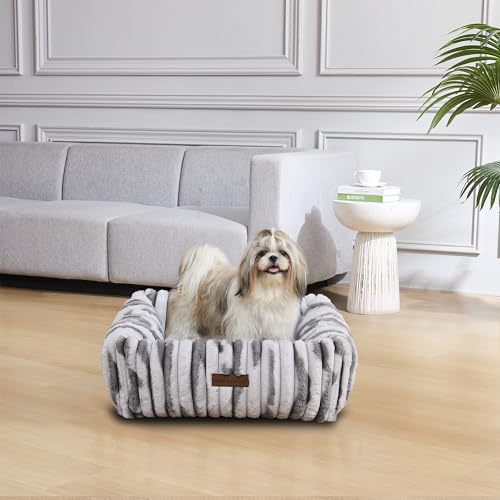 Image of Modern Threads Ribbed Plush Two-Tone Cuddler Dog Bed, Ultra-Soft Faux Rabbit Fur, Supportive Bolstered Sides, Removable Washable Cover, Bed for Small to Medium Dogs, Silver, (24 inch L x 20 inch W x 8 inch Th)