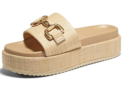 Image of Coutgo Womens Platform Sandals Raffia Espadrilles Metal Chain Slip on Open Toe Cute Beach Slide Sandals