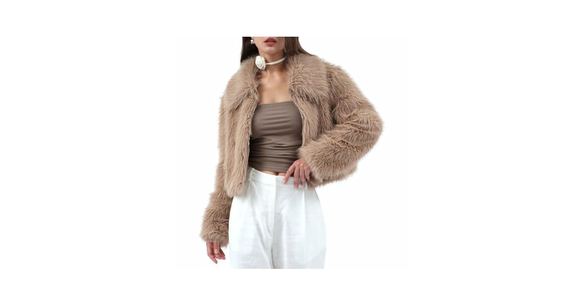 Amazhiyu Womens Faux Fur Zip-Up Cropped Jacket Long Sleeve