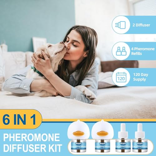 Image of Dog Calming Diffuser 6-in-1 Kit Dog Appeasing Pheromone Relief Separation Anxiety, Equipped with 2 Plug in + 4 Refills 48ml Vial, Reduce Aggression Barking, Supply for 120 Days-Tasteless