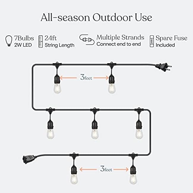 Brightech Ambience Pro - Waterproof LED Outdoor String Lights - 7 Hanging, Dimmable 2W Vintage Edison Bulbs - 24 Ft Commercial Grade Patio Lights Create Cafe Ambience in Your Backyard