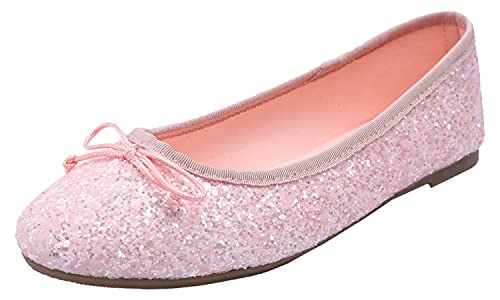 Feversole Round Glitter Ballerina, Damen Klassische Ballerinas Profilsohle Glänzende Ballerina Flach Glänzende Baby Rosa 39
