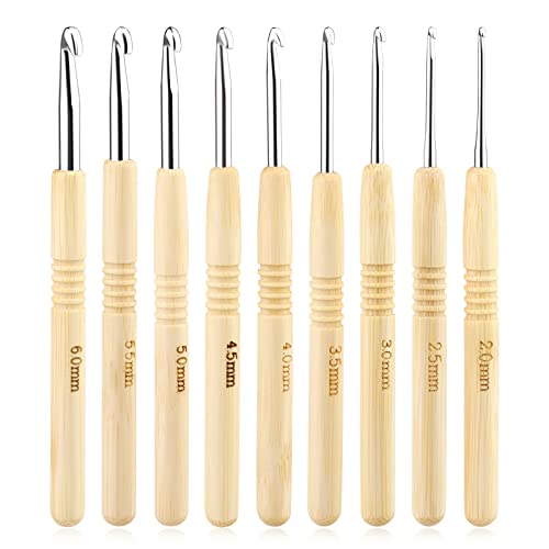 Häkelnadel-Set, ergonomischer Griff für arthritische Hände, Holzgriff zum Häkeln, extra leichte Stricknadeln für Anfänger und Häkelgarn, 2,0-6,0 mm Starter-Häkelset (9 Stück) Cover