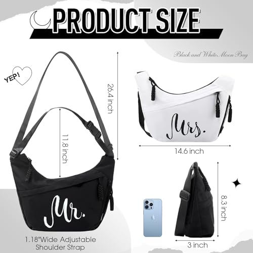 2 Pcs Wedding Gift Mr Mrs Crescent Bag Mr Mrs Travel Sling Crossbody Bag with Adjustable Strap for Bride Groom Couple Bridal Shower Engagement Bachelorette Party Honeymoon Gifts, Black White4