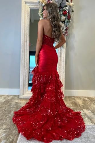 GUKARLEED Women's Off The Shoulder Sequin Prom Dresses Lace Appliques Formal Dress with Slit Layered Backless Evening Gown3