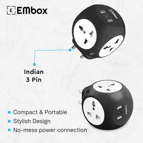 EMBOX Star Cube Multi-Plug Socket with USB Ports (2.4 A) (QC 3.0) Universal Sockets and LED Indicator, Safety Shutter Extension Board, Black - Image 2