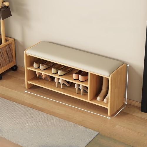 Meuble à chaussures bois étagère d'entrée pouf de rangement double couche avec coussin éponge - 2