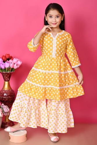 Image of First DREAMGirls Pink Bandhani Printed with Cotton Flower Lace Kurta with Sharara