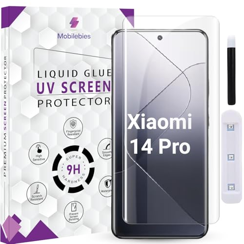 Image of Premium HD+ UV Tempered Glass Screen Protector For Xiaomi 14 Pro (6.73 Inch, Pack of 1) Full Adhesive UV Curved Screen Protector Case Friendly HD Clarity with installation kit & Guide