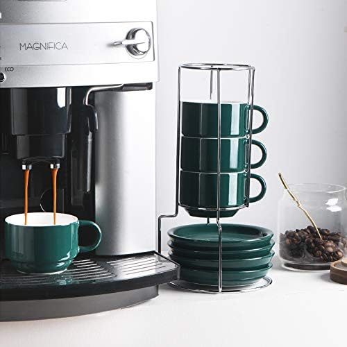 Sweejar Home Porcelain Espresso Cups with Saucers, 120 ml Stackable Cappuccino Cups with Metal Stand for Coffee Drinks, Latte, Tea - Set of 4 (Jade)
