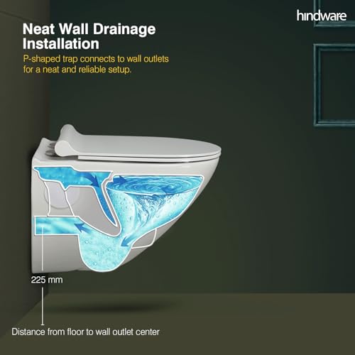 Image of Hindware Italian Collection Elegance Aura Commode for Bathroom | P-225 Trap | Made of Ceramic | 12-year Manufacturer Warranty | Rimless Design | Duroplast /UF Seat Cover | Soft Close | Wall Mount