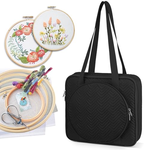FINPAC Embroidery Bag Cross Stitch Storage Square Quilted Tote Organizer with Multiple Pockets for Floss Hoops Thread Stitch Tools Kit [Bag Only] Black