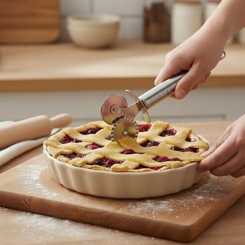 Image of Professional Double Wheel Pastry Cutter - Stainless Steel Pasta & Ravioli Cutter Wheel with Fluted and Straight Blades - Multi-Purpose Dough Crimper and Pizza Slicer for Baking and Home Cooking