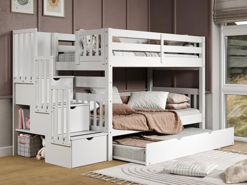 Bedz King Stairway Bunk Beds Twin over Twin with 3 Drawers in the Steps and a Twin Trundle, White