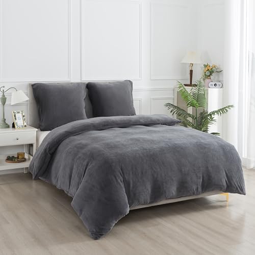 WUMIUER Plüsch Bettwäsche 155x220 cm Schwarz Grau 2tlg Set, Winter Biber Warm Flauschig Bettbezug und 1 Kissenbezug 80x80cm… – Ansicht 2
