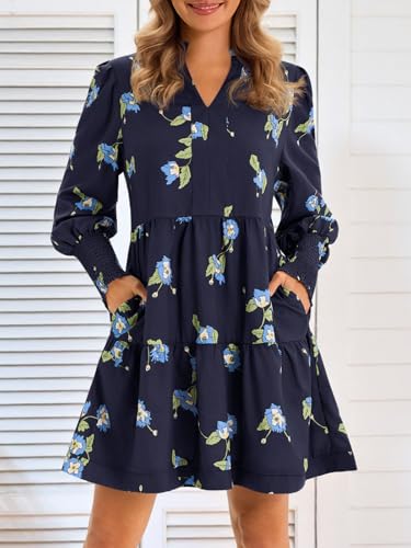Image of Imily Bela Womens Fall Long Sleeve Tunic Dress Casual V Neck Tiered Dress | Loose,Swing,A-Line,Ruffled Collar,Puff Balloon Sleeve,Smocked Elastic Cuffs,Tiered Layered Ruffle Hem,Babydoll,Loose,Mini