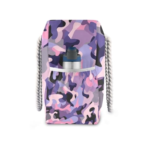 Camouflage Purple Pink Sandproof Bag For Women with side pocketes Travel Totes Bags with cup holders on side3