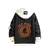 EDMKO Damen Herren Haikyuu Denim Hoodie Anime Hoodie Verwaschene Jeansjacke Kapuzenpullover mit Karasuno Oberbekleidung Mäntel,Schwarz,3XL