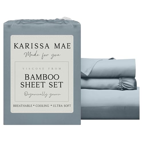 Image of KARISSA MAE Luxury Bamboo Viscose Twin Size Sheet Set | FSC Certified | Cooling | Ultra Soft | 18 inch Deep Pockets | Elastic Corner Straps | Includes Organizer Band [Chambray Blue]