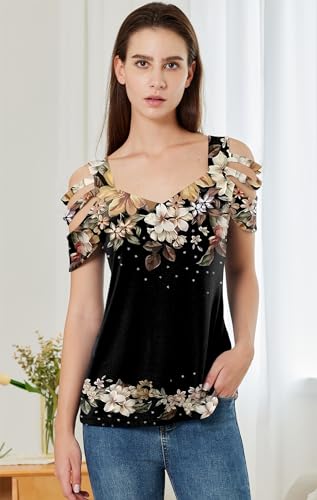 SAUKOLE Summer Women Cold Shoulder Tops Casual Loose Hollow Out Short Sleeve T Shirt Sexy V Neck Tops Blouses2